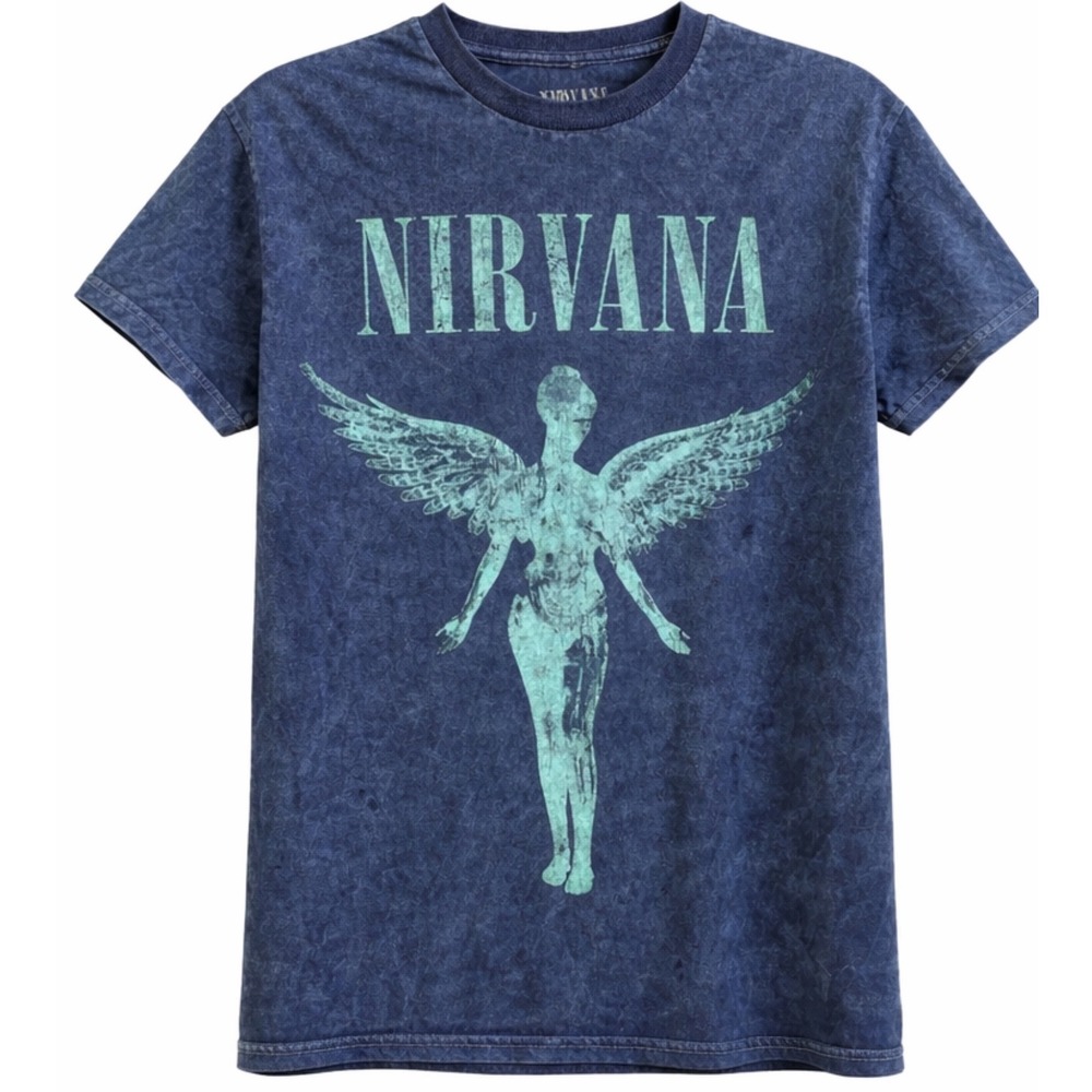 Nirvana In Utero Angel Graphic Tee Blue Mineral Wash Cotton Band T-Shirt Small